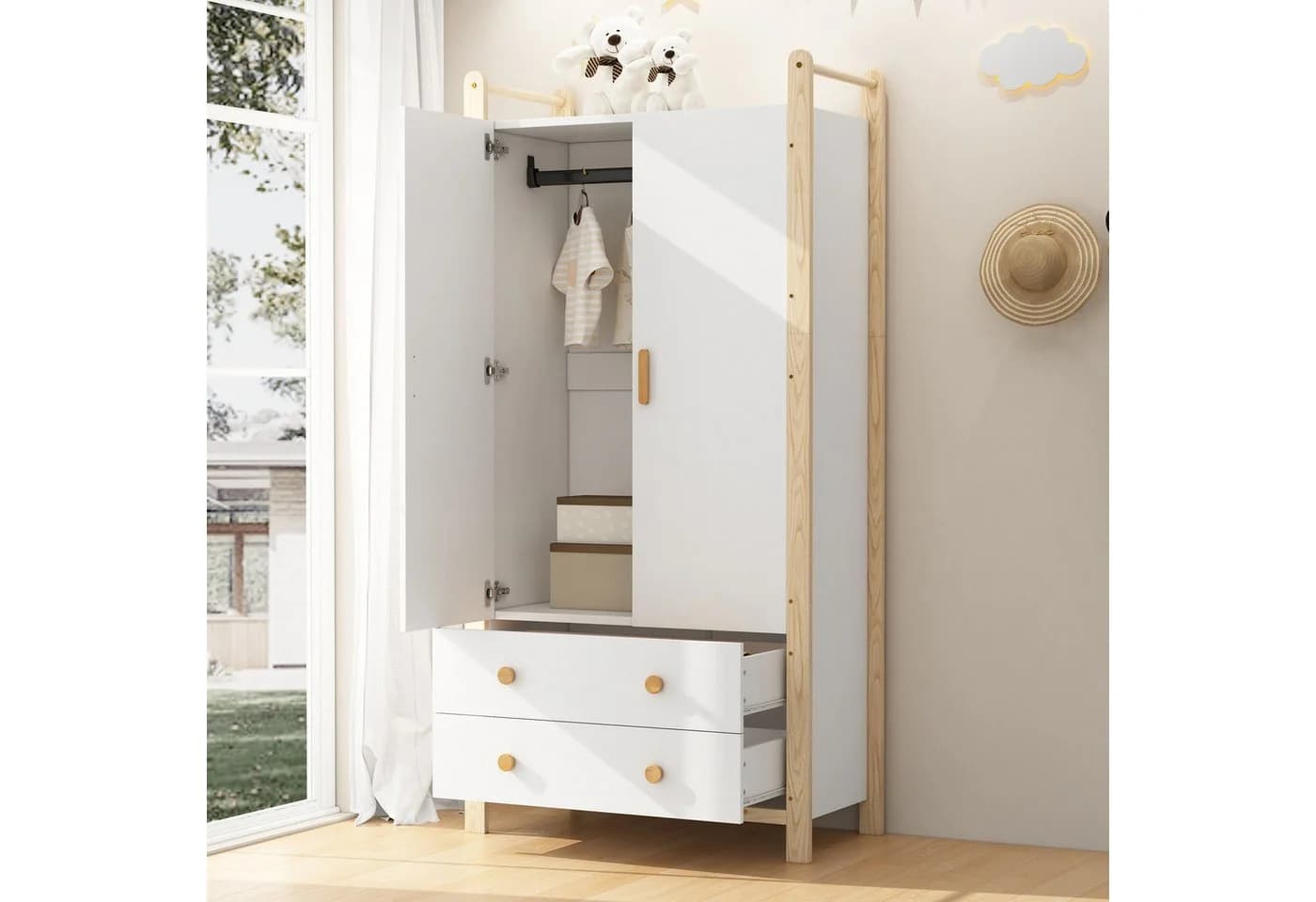 Ulife Kleiderschrank 2-türiger Garderobe mit Kleiderstange und 2 Schubladen - Bild 5