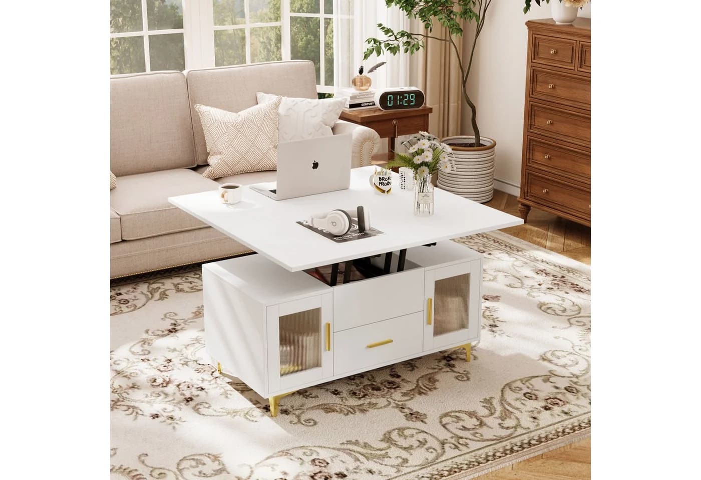VOWNER Couchtisch Höhenverstellbar 3-in-1 Weiß - Bild 3