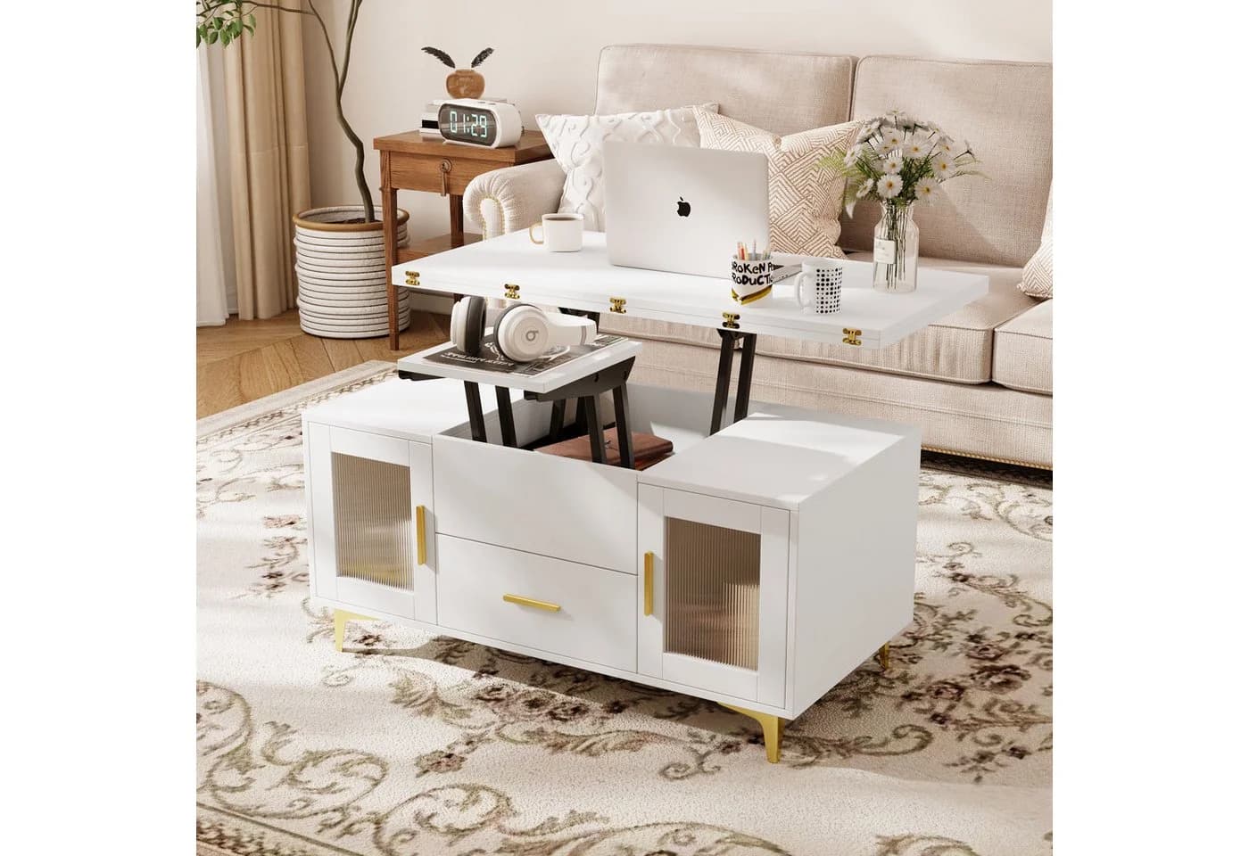 VOWNER Couchtisch Höhenverstellbar 3-in-1 Weiß - Bild 4
