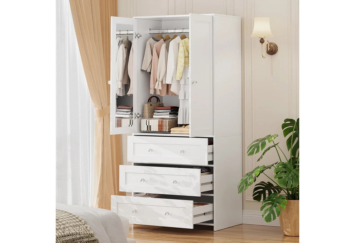 VOWNER Kleiderschrank mit Spiegel 2 Türen 3 Schubladen Weiß - Bild 4
