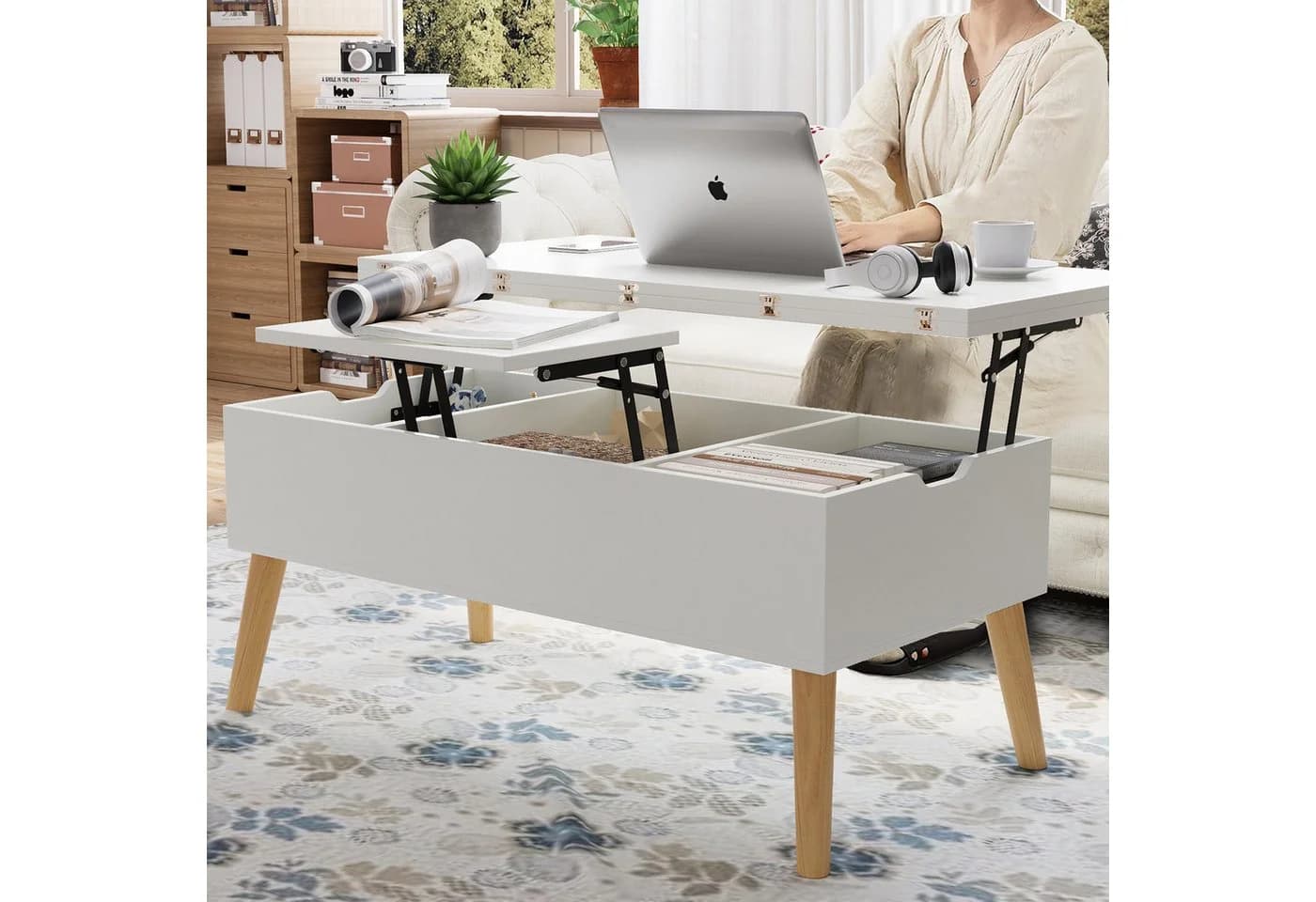 VOWNER Couchtisch mit klappbarer Arbeitsplatte, umwandelbar zum Esstisch, mit Holzbeinen - Bild 4