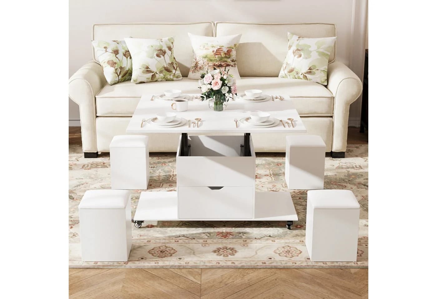 VOWNER Couchtisch 3-in-1 Multifunktions-Couchtisch mit Schublade & 4 Hockern - Bild 2
