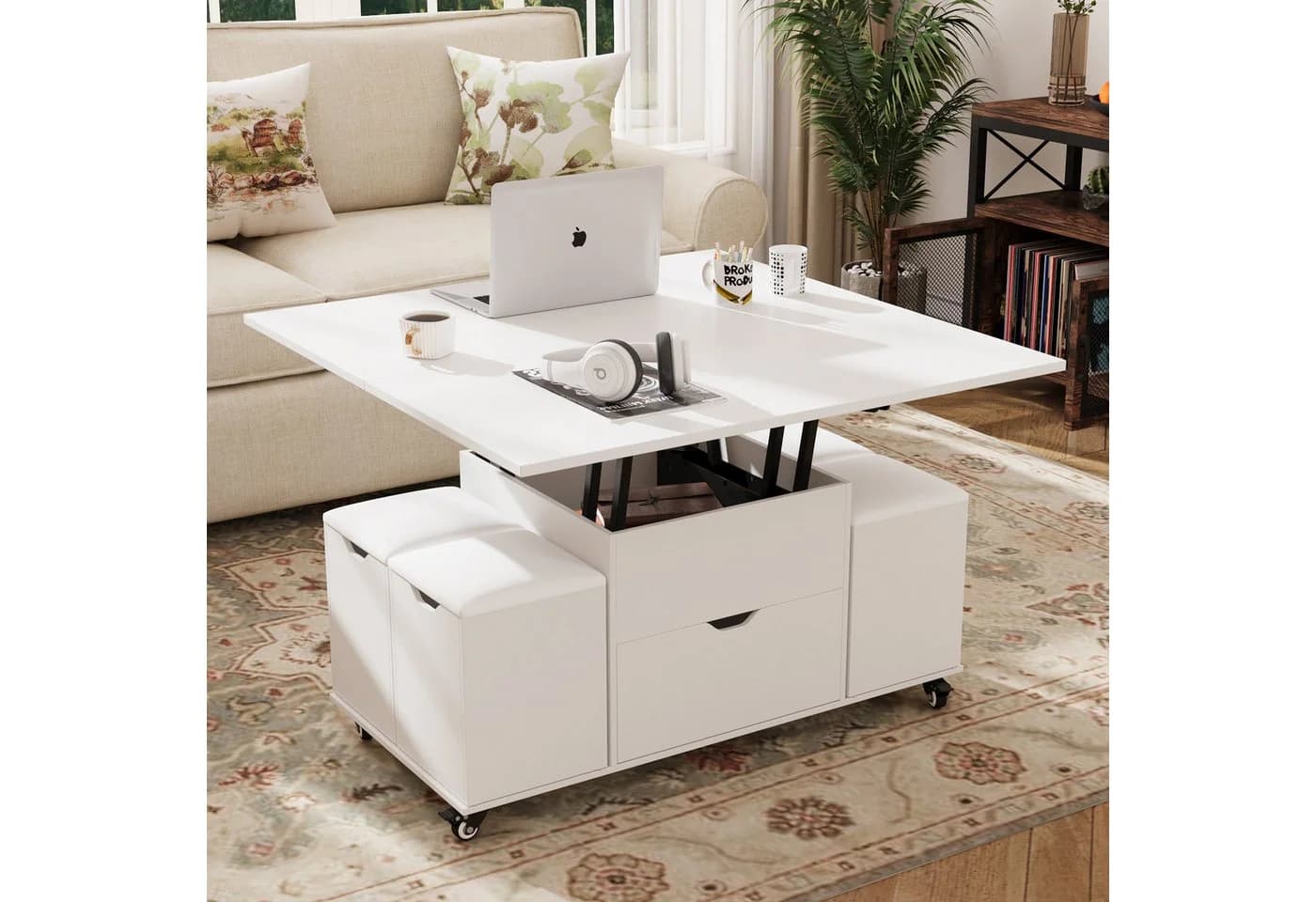 VOWNER Couchtisch 3-in-1 Multifunktions-Couchtisch mit Schublade & 4 Hockern - Bild 3