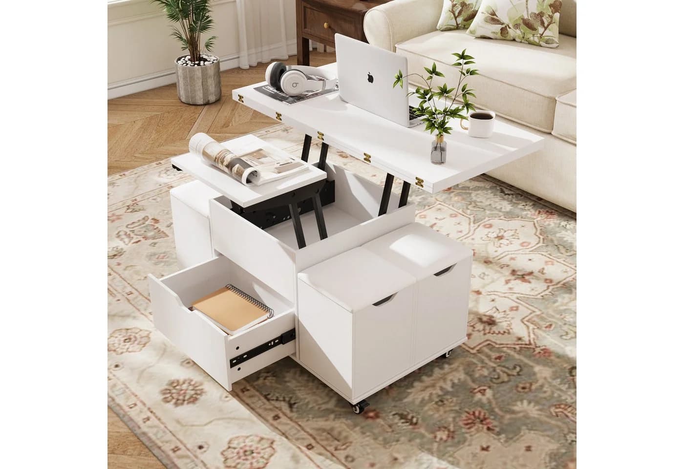 VOWNER Couchtisch 3-in-1 Multifunktions-Couchtisch mit Schublade & 4 Hockern - Bild 4