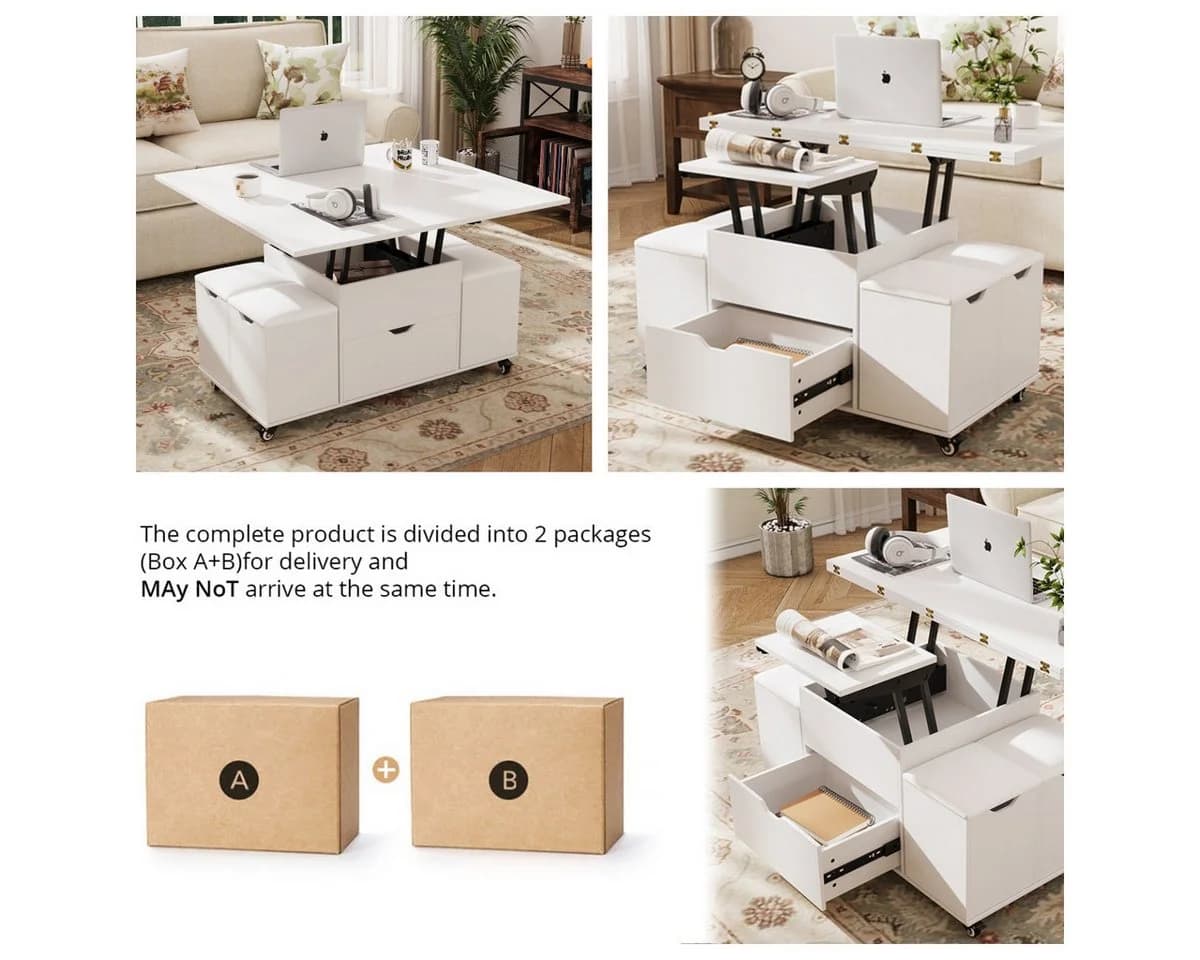 VOWNER Couchtisch 3-in-1 Multifunktions-Couchtisch mit Schublade & 4 Hockern - Bild 5