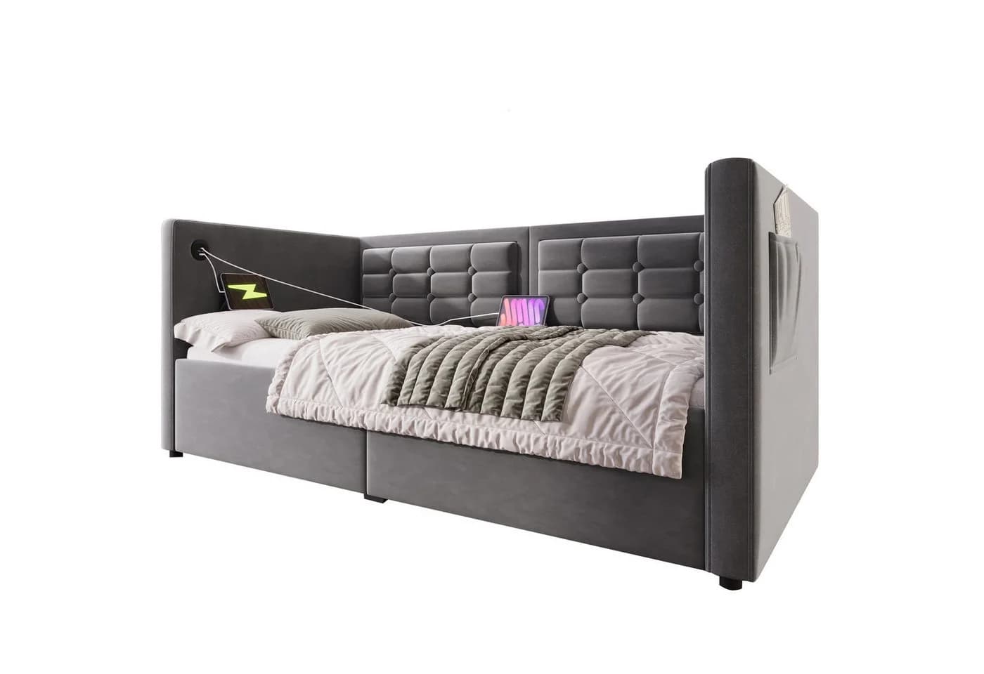 Graues Schlafsofa mit USB-Anschluss und Type-C-Anschluss
