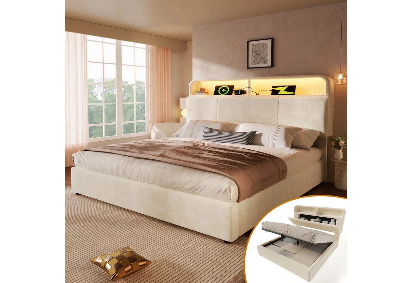 Ulife Stauraumbett Beige mit LED & USB Ladestation - Bild 4