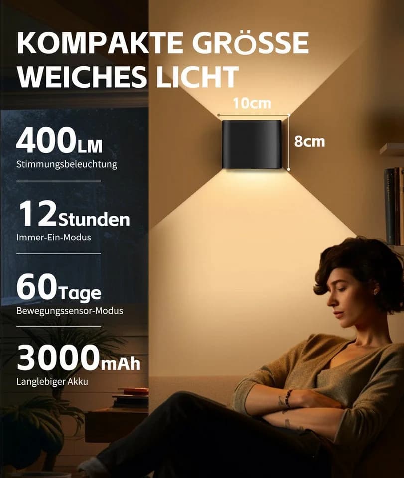 GeyouLux Wandleuchte Schwarz 3000mAh Akku Bewegungsmelder LED Warmlicht