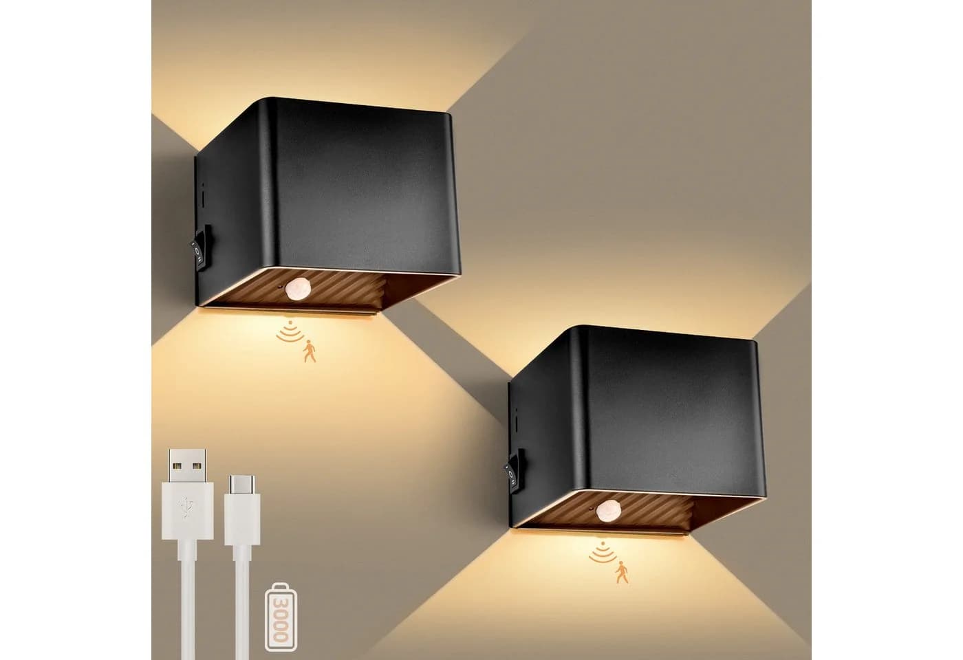 GeyouLux Wandleuchte Schwarz 3000mAh Akku Bewegungsmelder LED Warmlicht - Bild 2