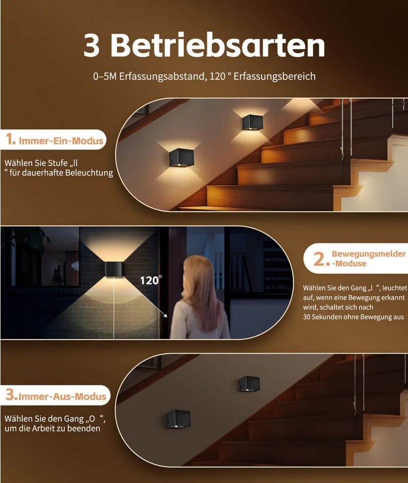GeyouLux Wandleuchte Schwarz 3000mAh Akku Bewegungsmelder LED Warmlicht - Bild 4