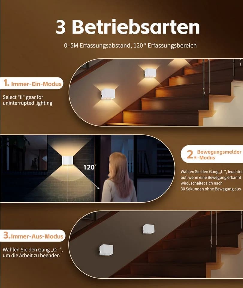 GeyouLux Wandleuchte mit Akku & Bewegungsmelder, 5W 3000K LED, Schwarz/Weiß - Bild 4