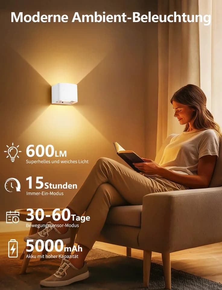 GeyouLux Wandleuchte 5000mAh Aufladbar Schwarz/Weiß LED-Lampe mit Bewegungsmelder - Bild 4