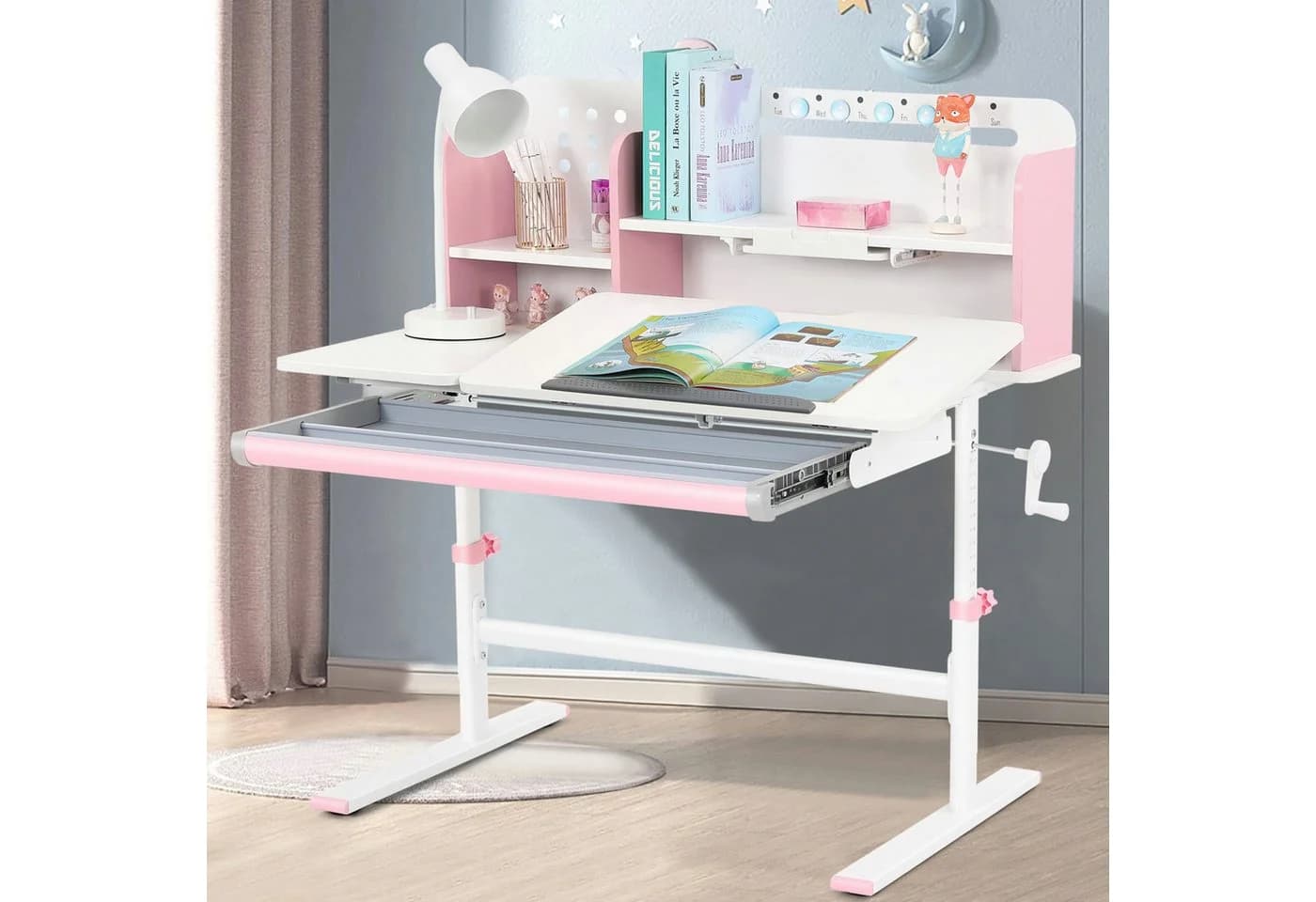 JOYLDIAS Kinderschreibtisch Rosa mit Bücherregal, Schubladen & Haken - Bild 3