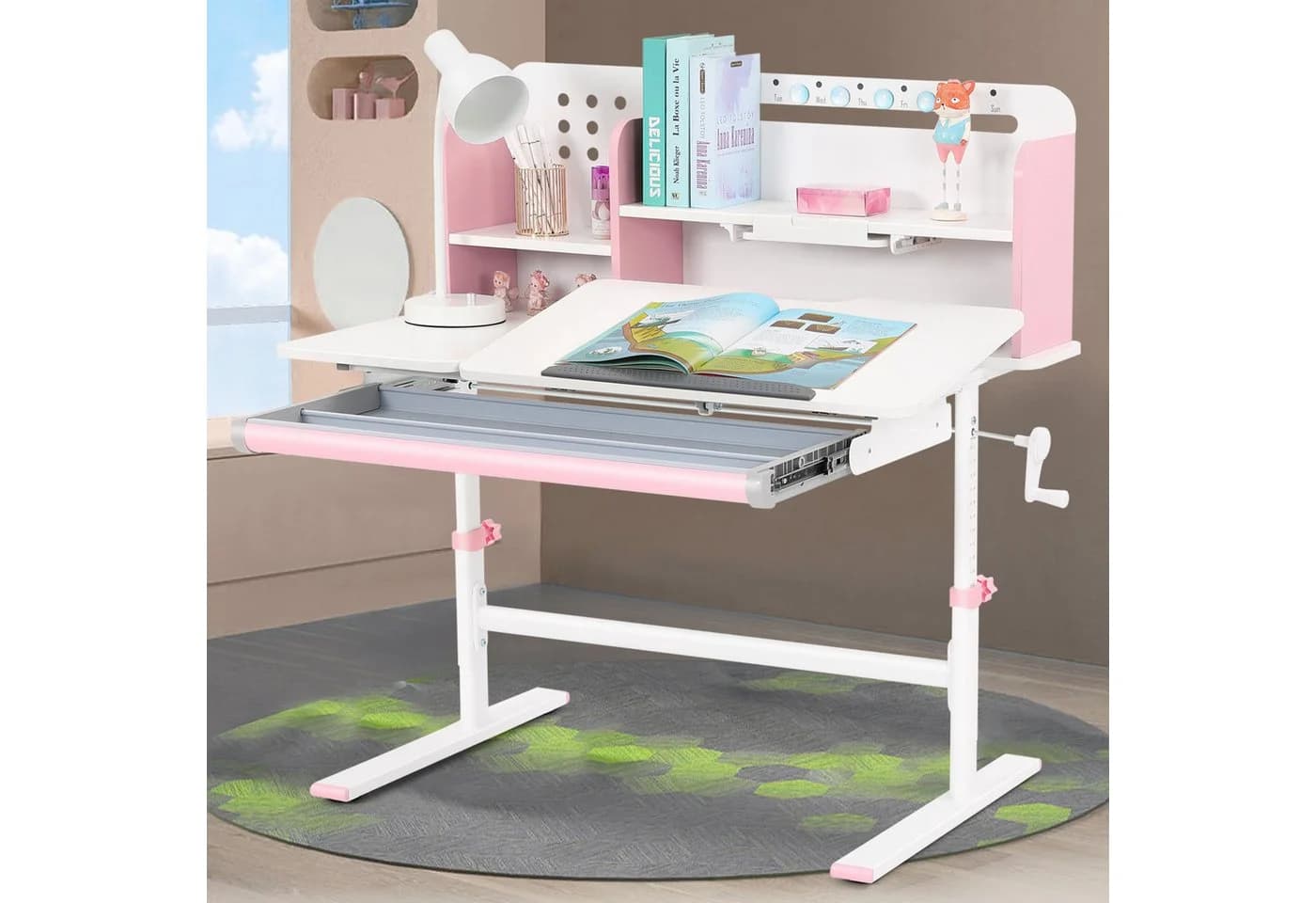 JOYLDIAS Kinderschreibtisch Rosa mit Bücherregal, Schubladen & Haken - Bild 4