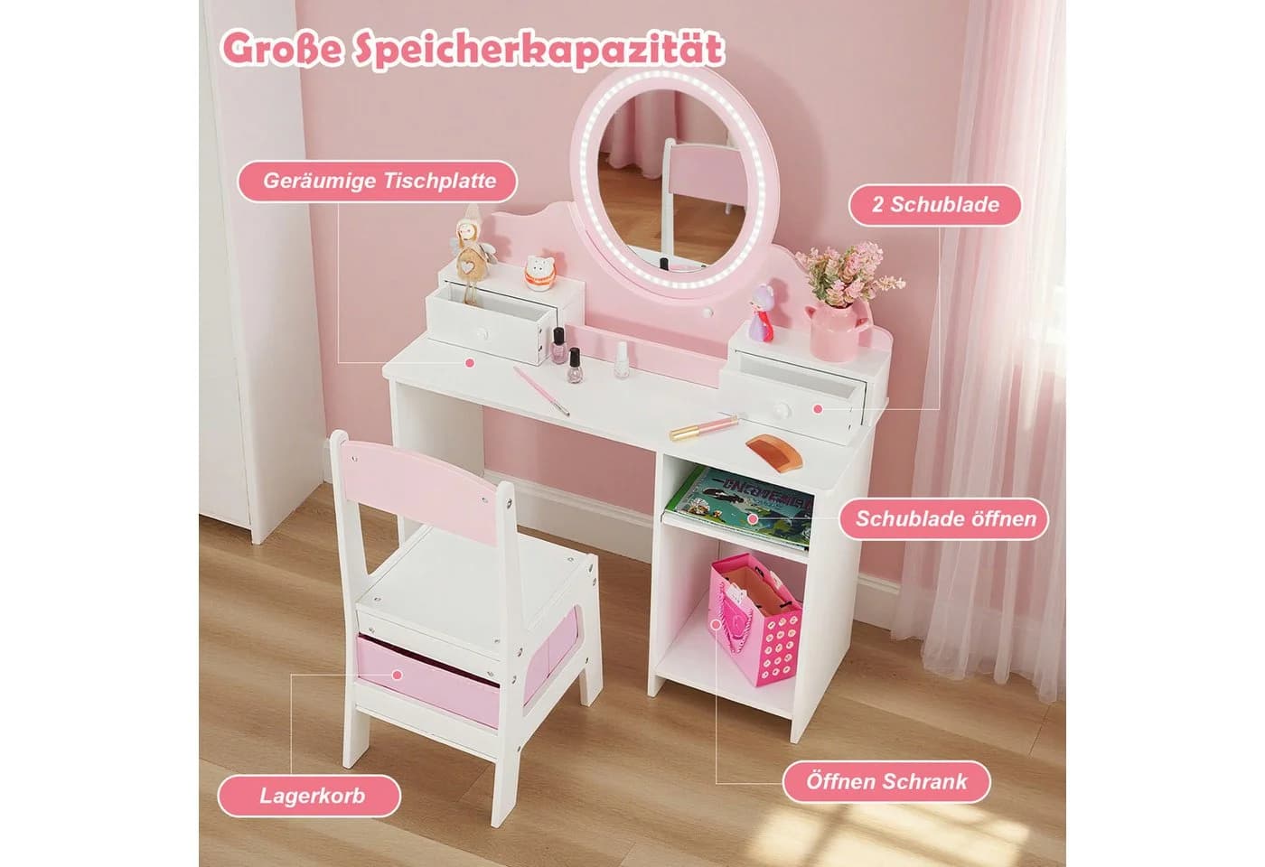 JOYLDIAS Schminktisch 2 in 1 Rosa LED-Spiegel Prinzessin Frisiertisch - Bild 3