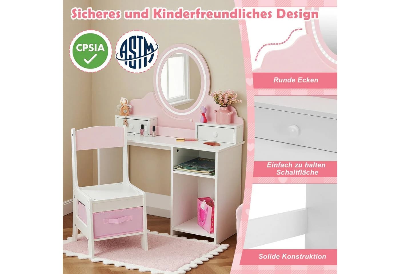 JOYLDIAS Schminktisch 2 in 1 Rosa LED-Spiegel Prinzessin Frisiertisch - Bild 4