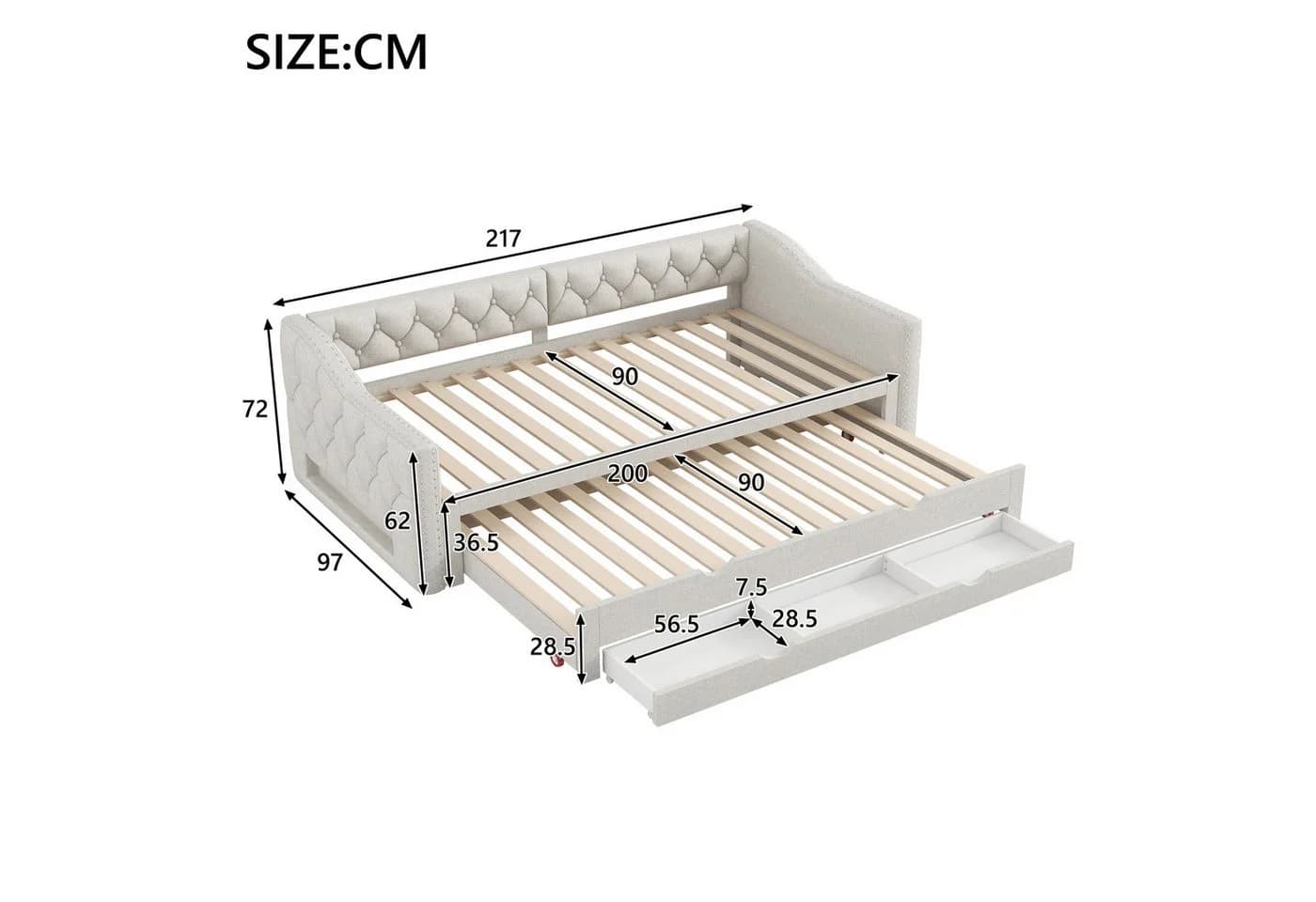 Ulife Daybett mit LED-Licht, Ausziehbett und drei Schubladen, 90x200cm