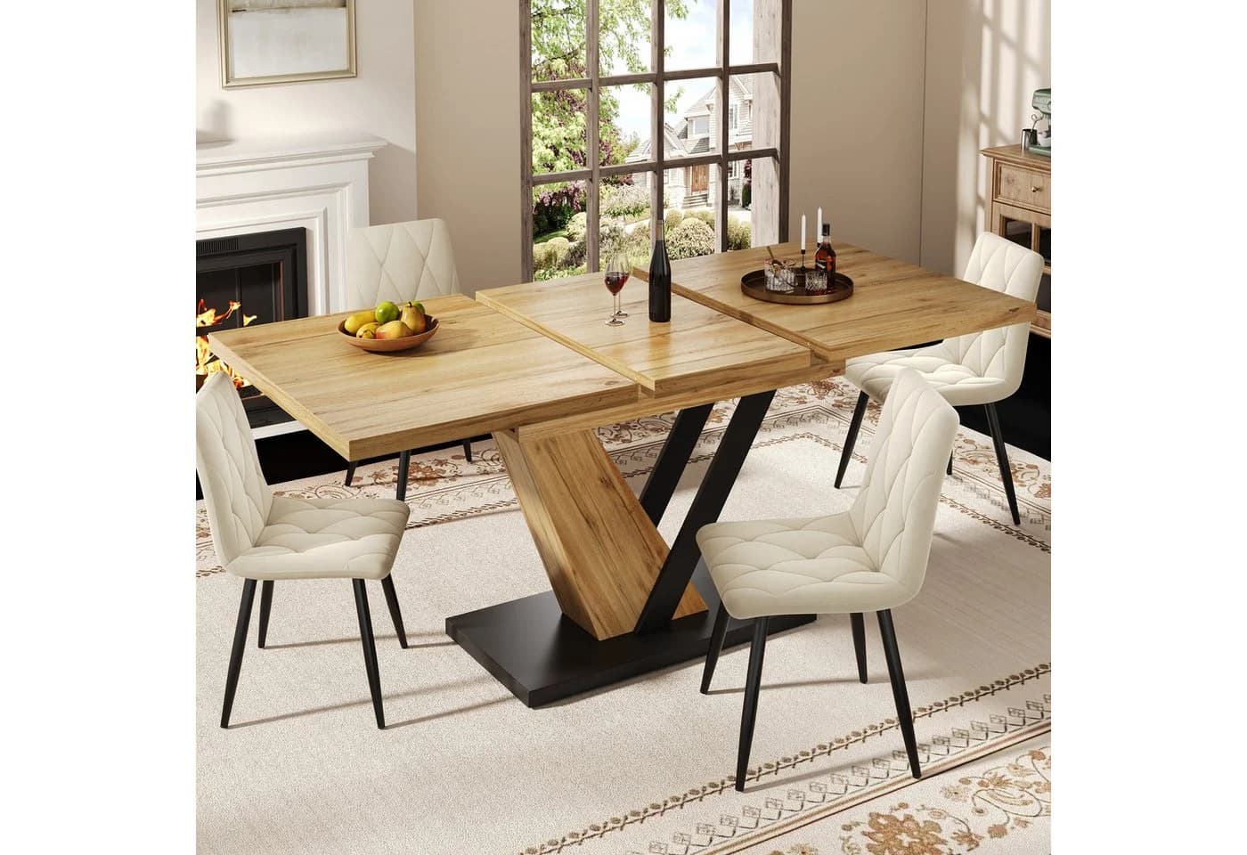 Ulife Ausziehbarer Esstisch MDF Holzmaserung Beige/Schwarz - Bild 2
