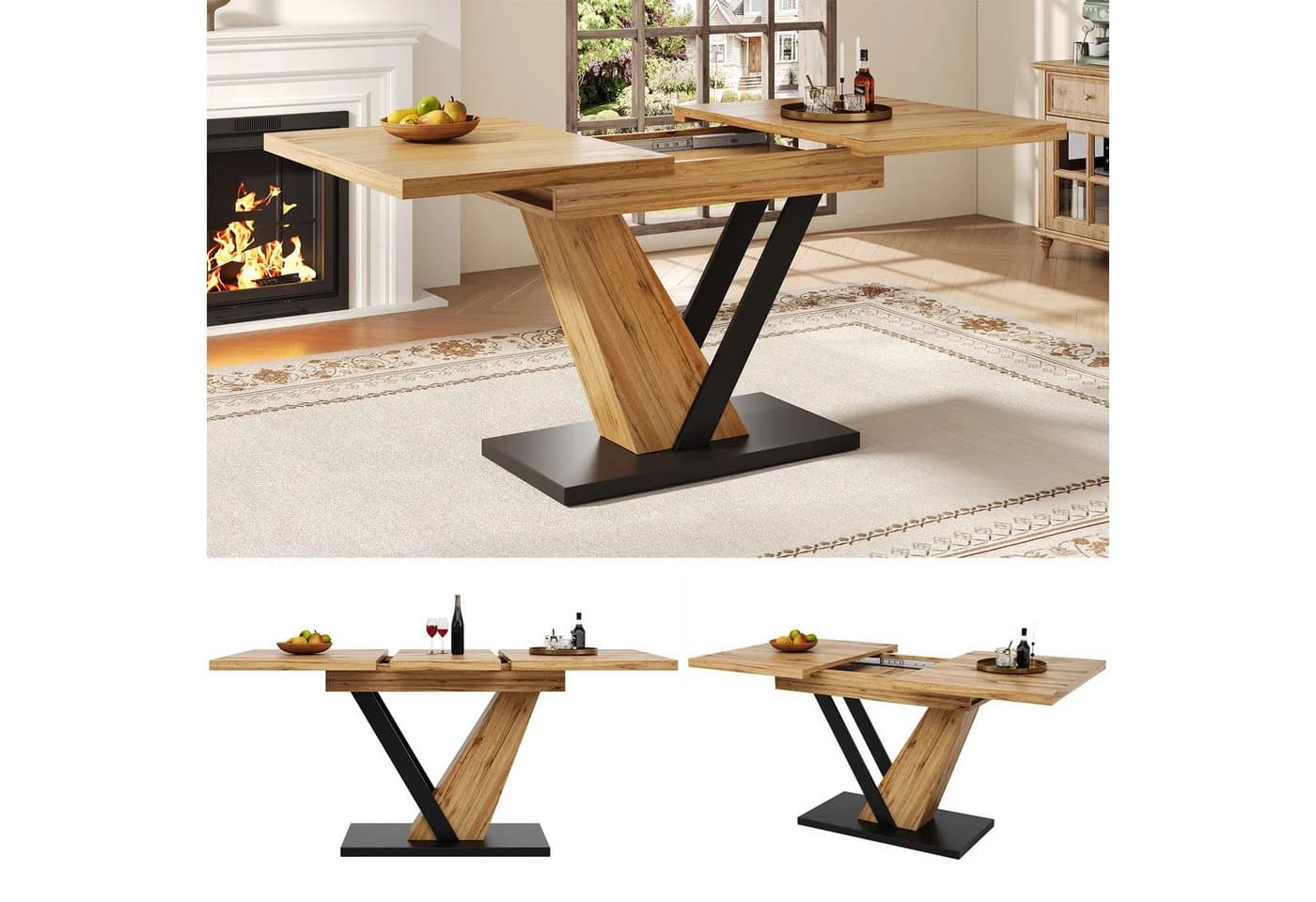 Ulife Ausziehbarer Esstisch MDF Holzmaserung Beige/Schwarz - Bild 3