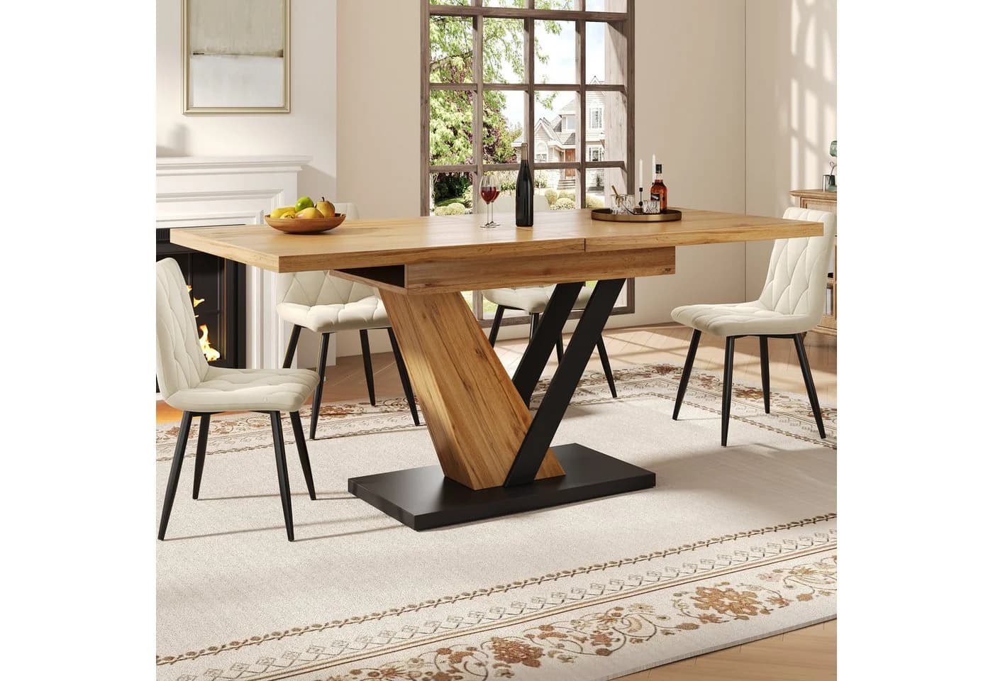 Ulife Ausziehbarer Esstisch MDF Holzmaserung Beige/Schwarz - Bild 5