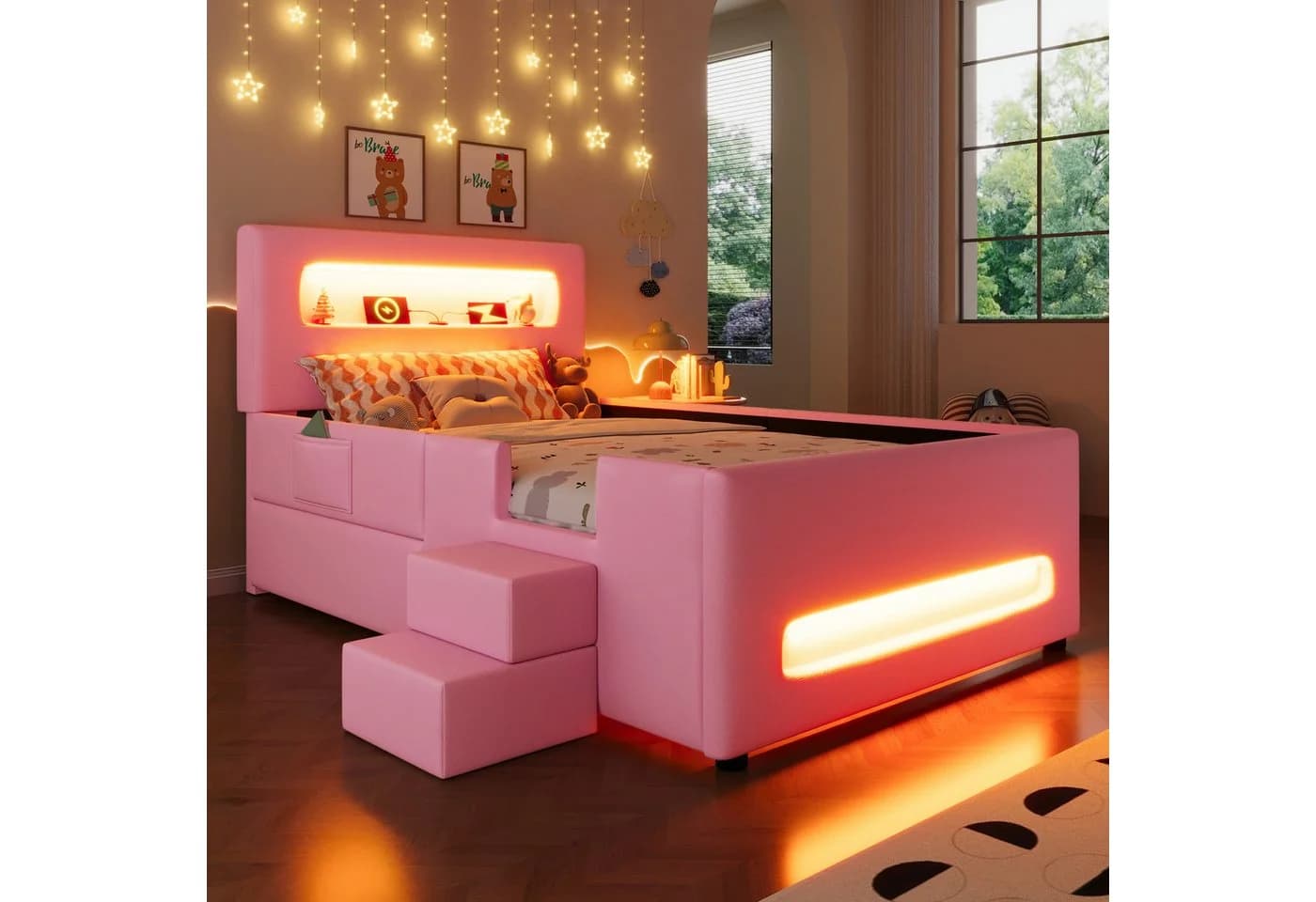 Ulife Polsterbett mit Treppe und LED Rosa/Weiß - Bild 2