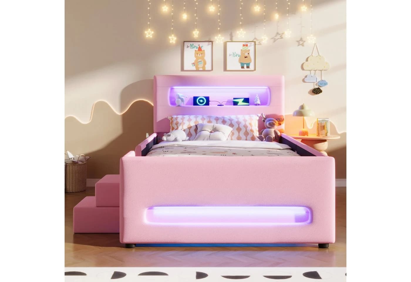 Ulife Polsterbett mit Treppe und LED Rosa/Weiß - Bild 3