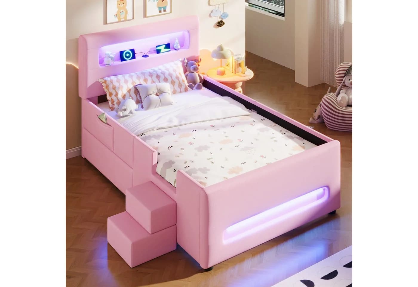 Ulife Polsterbett mit Treppe und LED Rosa/Weiß - Bild 4