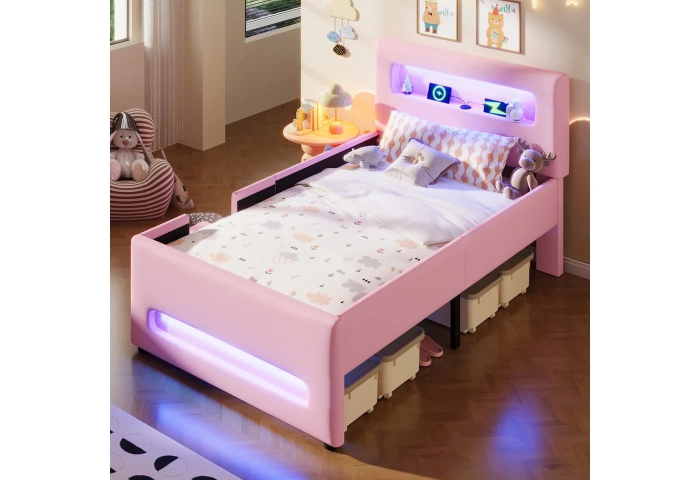 Ulife Polsterbett mit Treppe und LED Rosa/Weiß - Bild 5