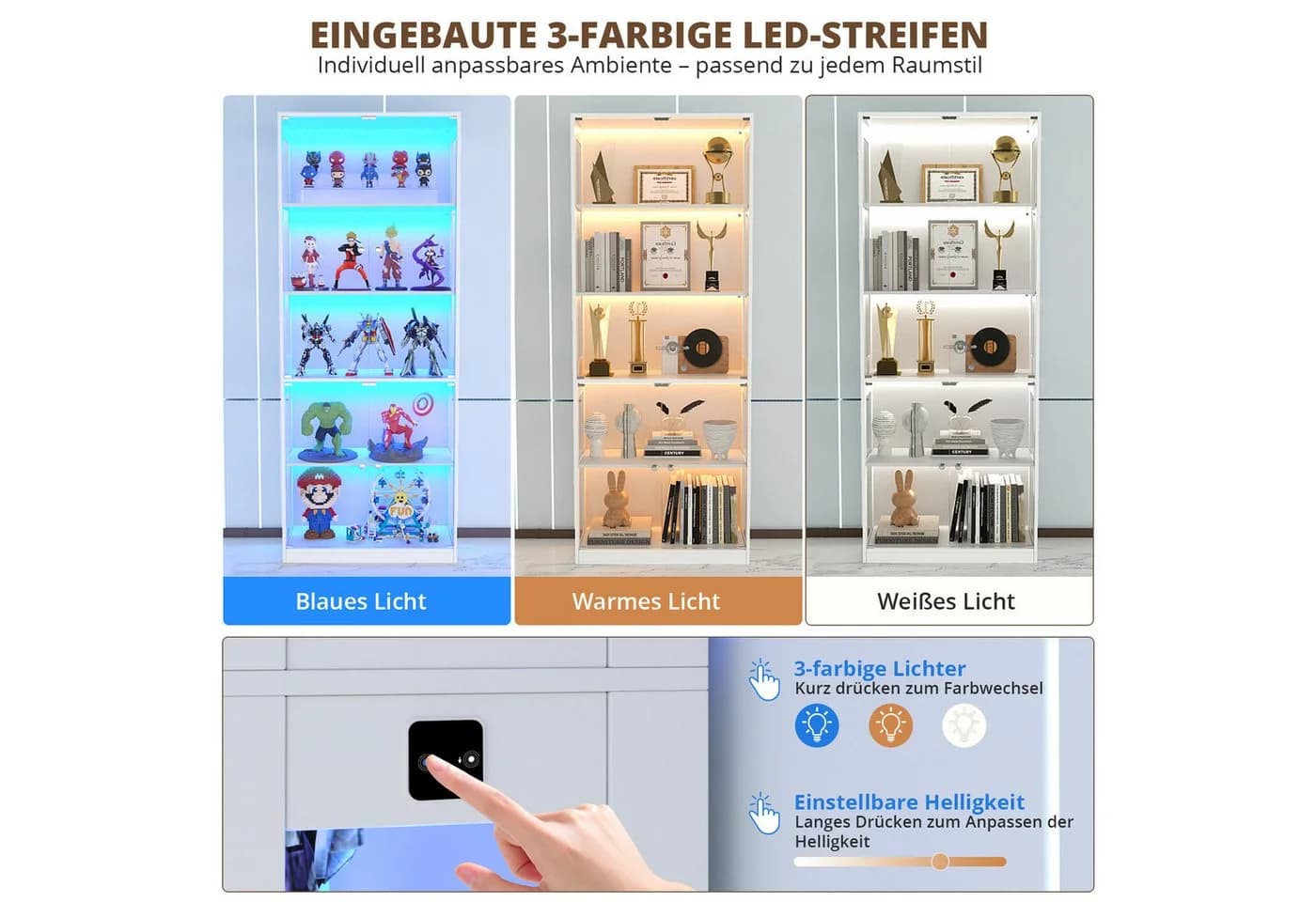 VOWNER Glasvitrine Weiß Schwarz LED mit Bewegungssensor - Bild 4