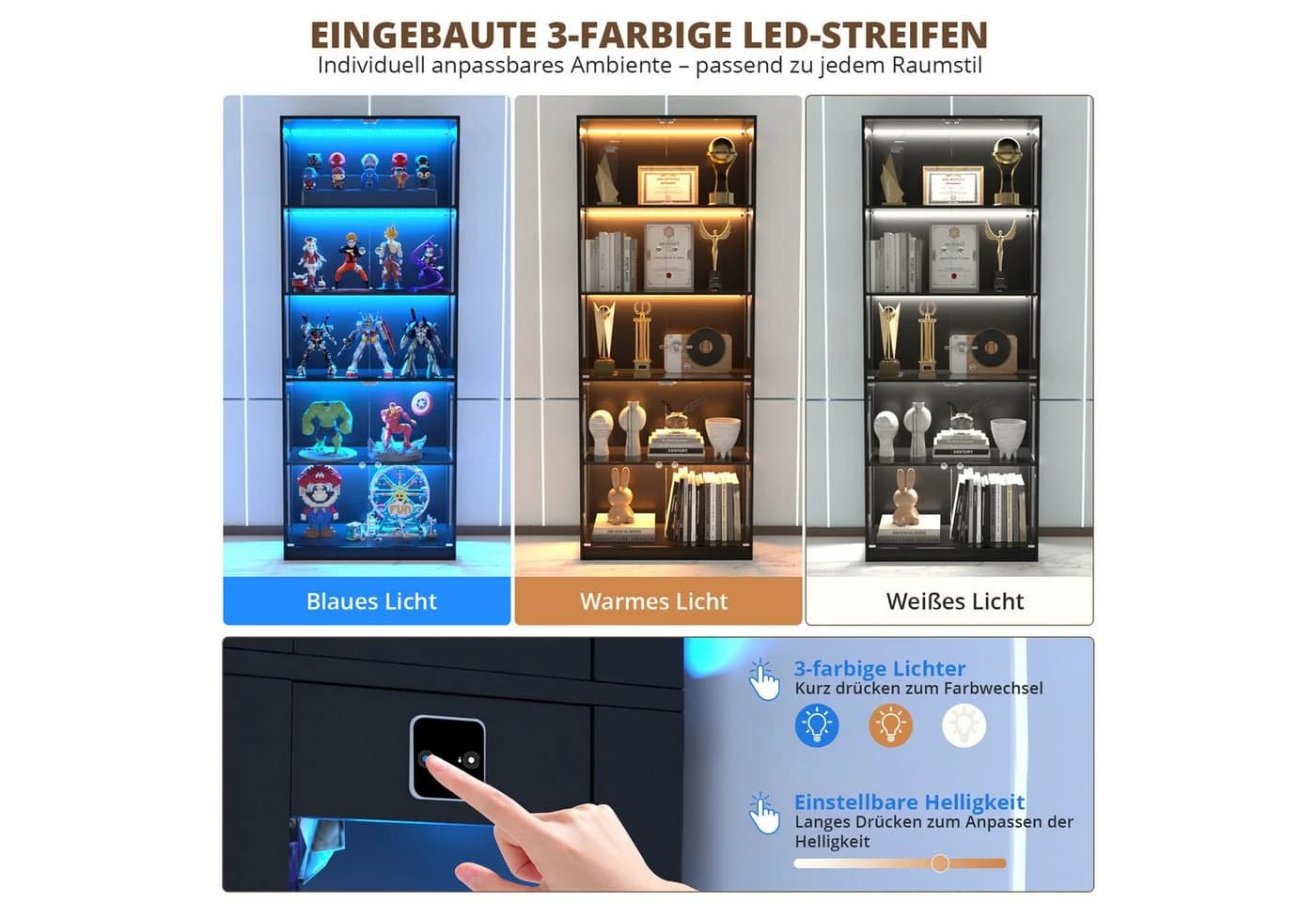 VOWNER Glasvitrine mit 3-Farben-LED - Bewegungssensor 5 Regale - Bild 4