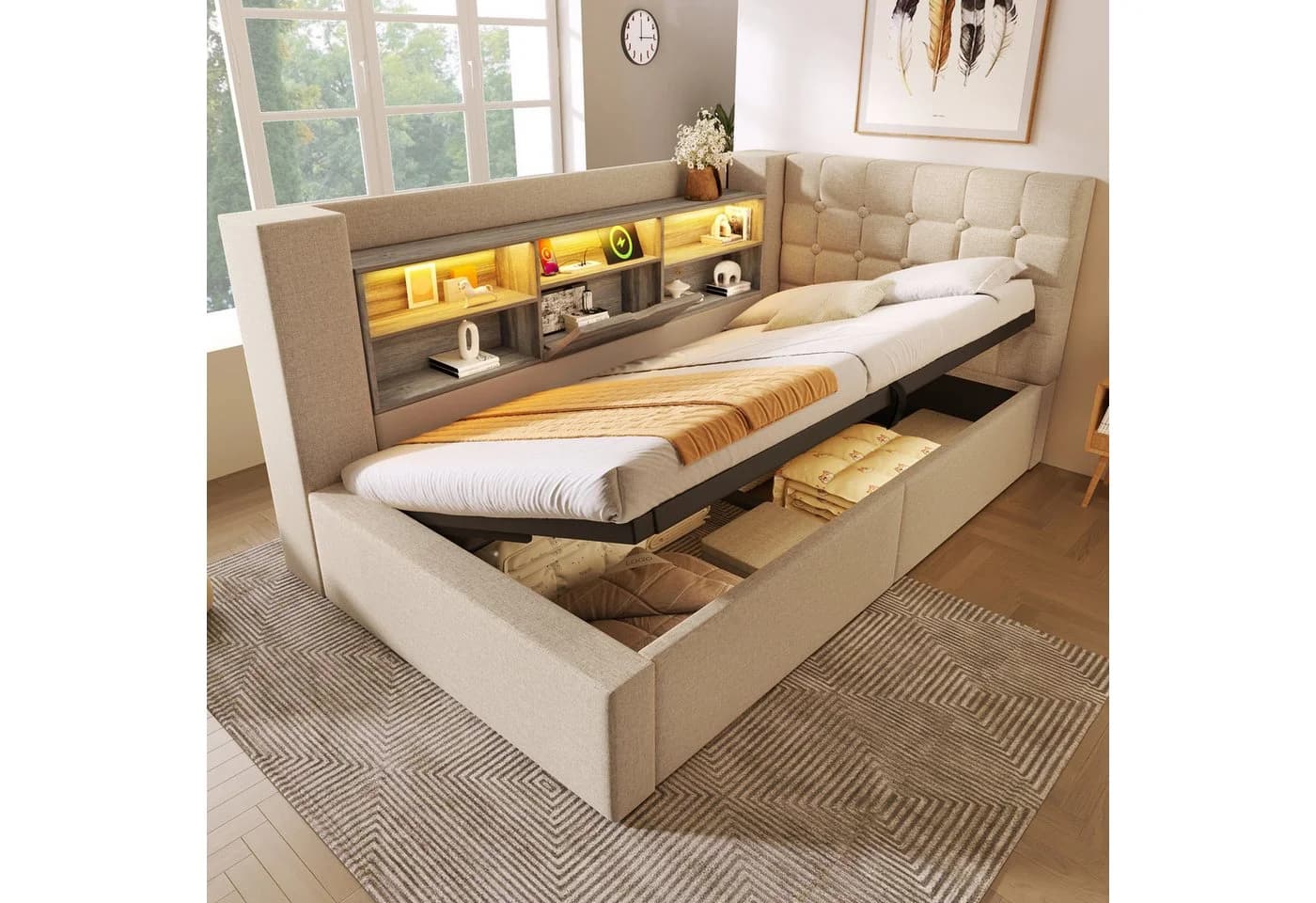 Ulife Polsterbett mit LED, Bettkasten & USB-Anschlüssen Beige - Bild 2