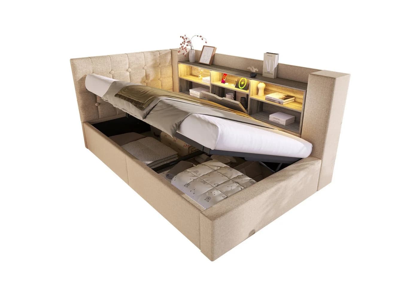 Ulife Polsterbett mit LED, Bettkasten & USB-Anschlüssen Beige - Bild 3