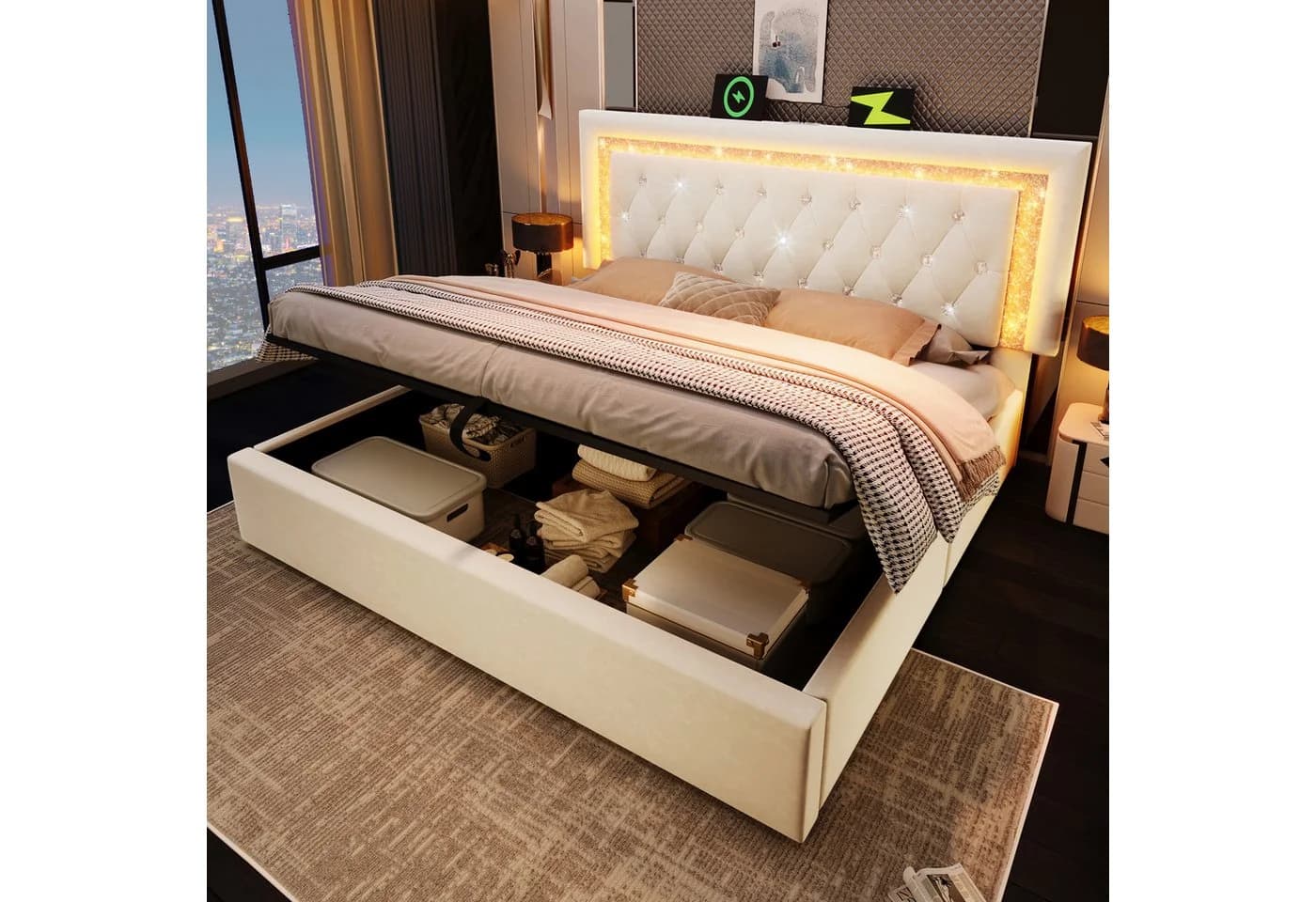 Ulife Polsterbett mit LED & USB Ladeanschluss Beige Grau - Bild 2
