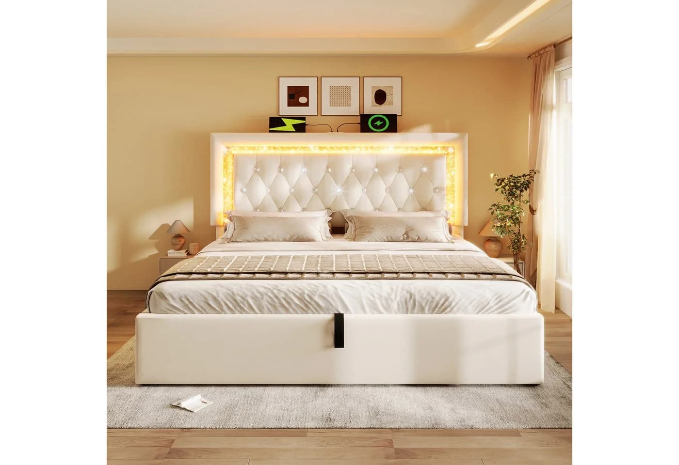 Ulife Polsterbett mit LED & USB Ladeanschluss Beige Grau - Bild 3