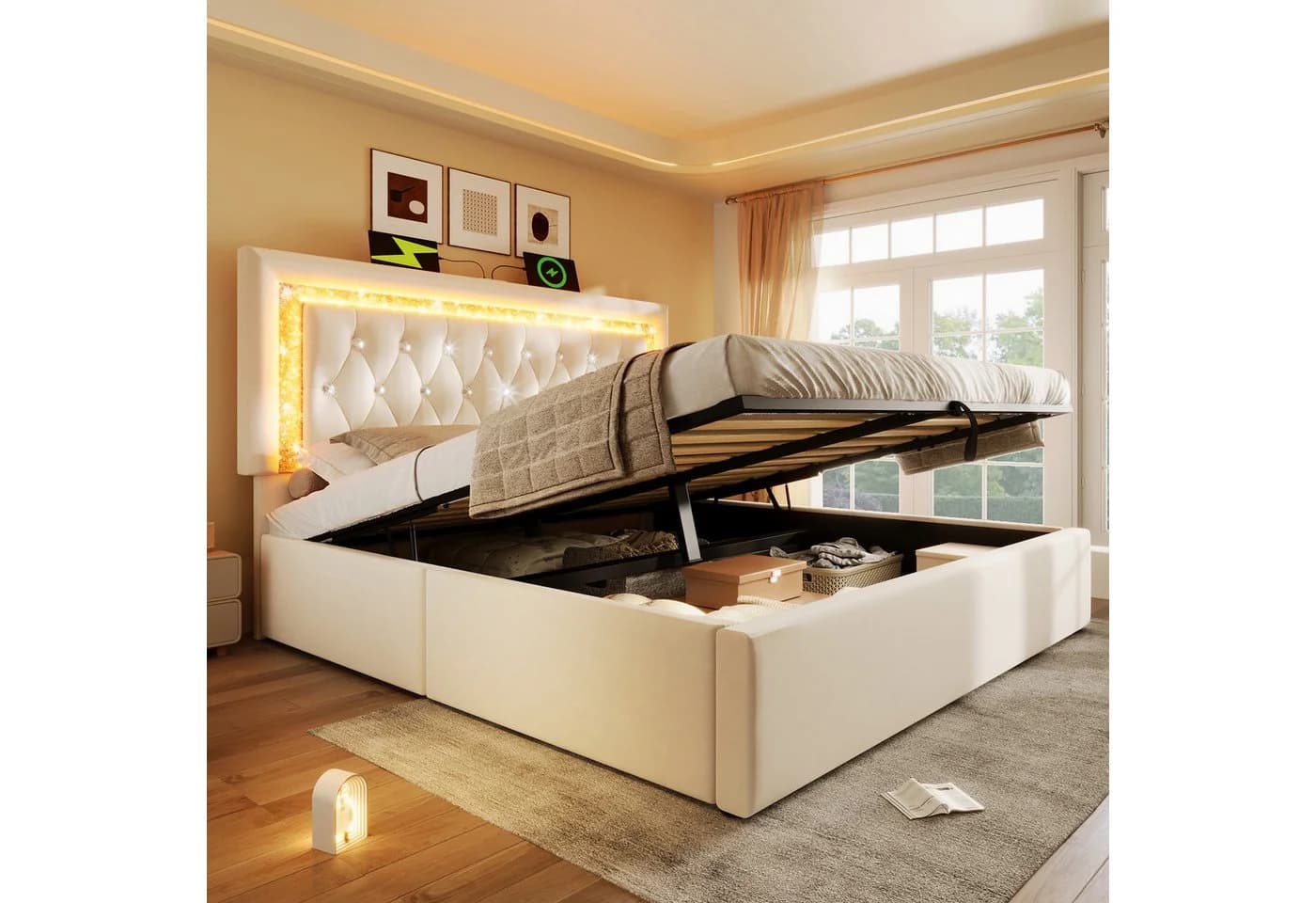 Ulife Polsterbett mit LED & USB Ladeanschluss Beige Grau - Bild 4