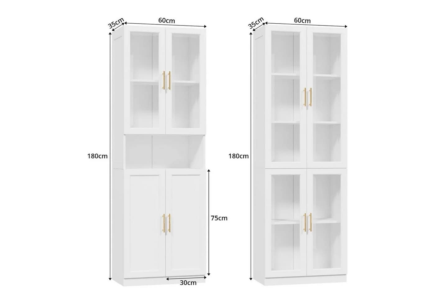 VOWNER Bücherregal mit Glastüren Weiß Gold Modernes Aufbewahrungsvitrinen-Set