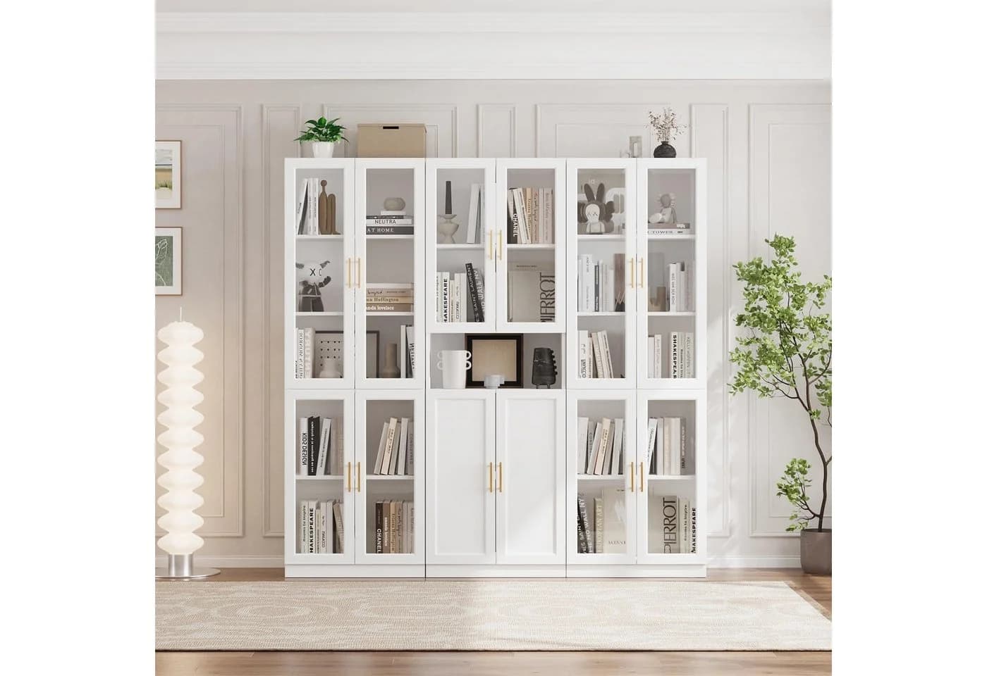 VOWNER Bücherregal mit Glastüren Weiß Gold Modernes Aufbewahrungsvitrinen-Set - Bild 2