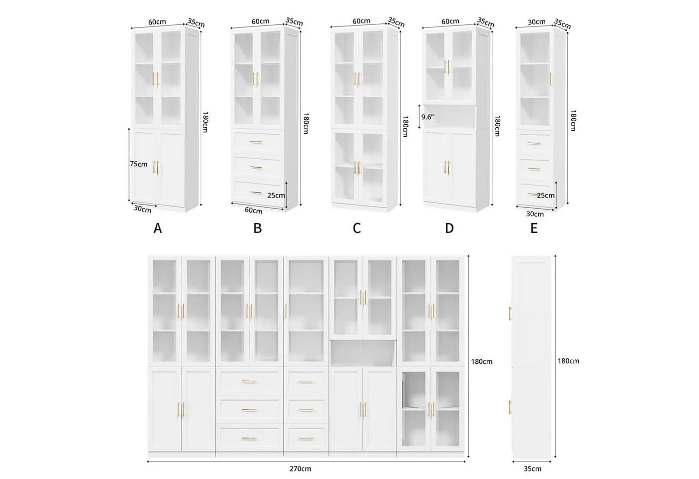 VOWNER Bücherregal mit Glastüren Weiß Gold Modernes Aufbewahrungsvitrinen-Set - Bild 3