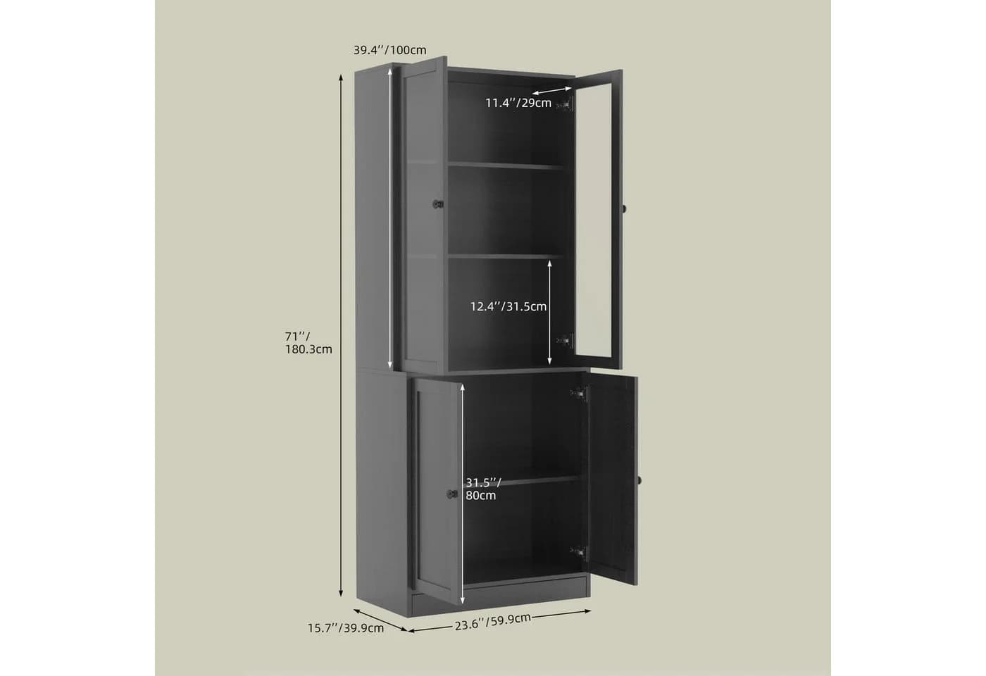 VOWNER Bücherregal Hochschrank mit Glastüren 180 cm