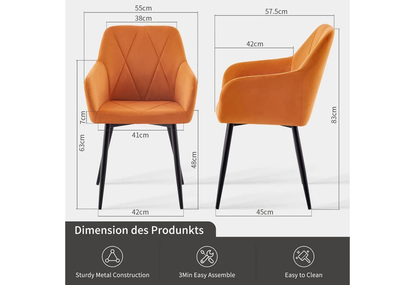 JYMTOM Esszimmerstuhl Samt Orange 2er Set