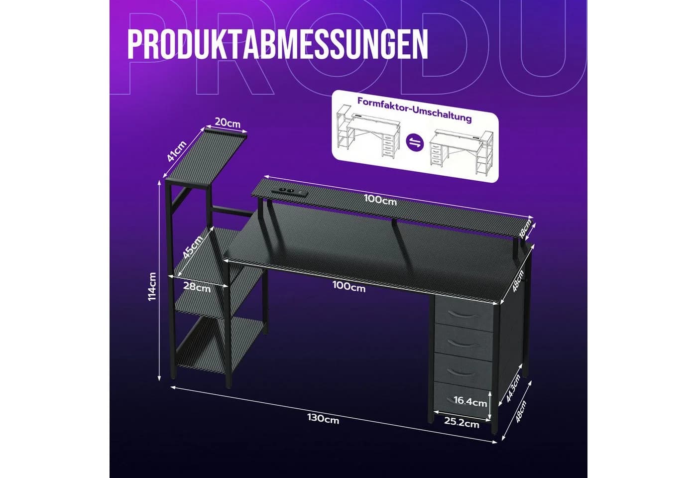 YOUDENOVA Gamingtisch mit LED-Beleuchtung & Steckdose, Carbonfaser