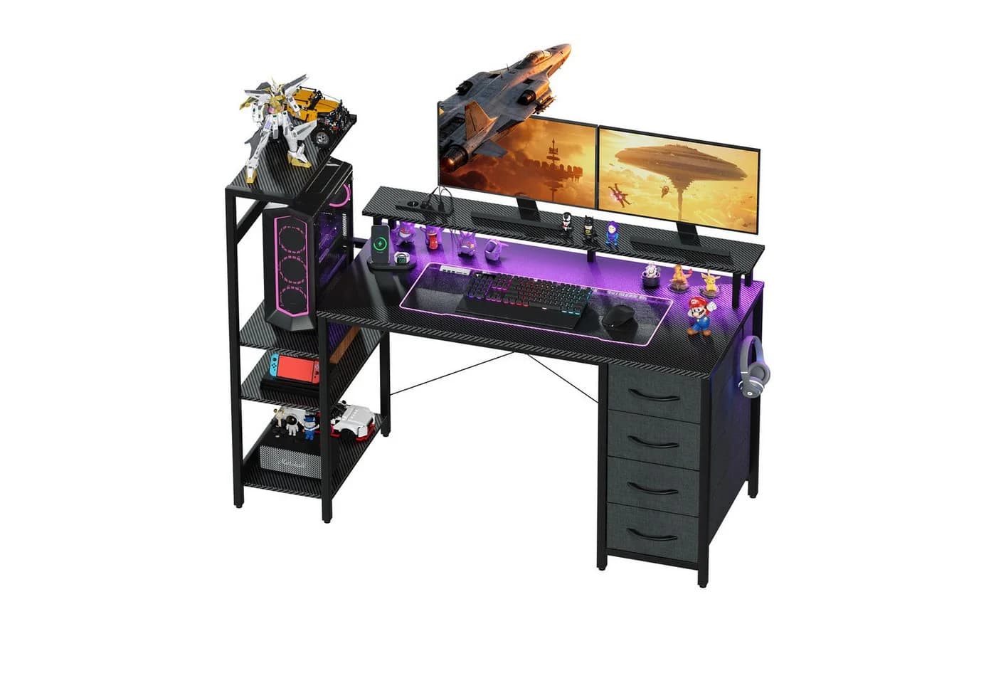 YOUDENOVA Gamingtisch mit LED-Beleuchtung & Steckdose, Carbonfaser - Bild 2