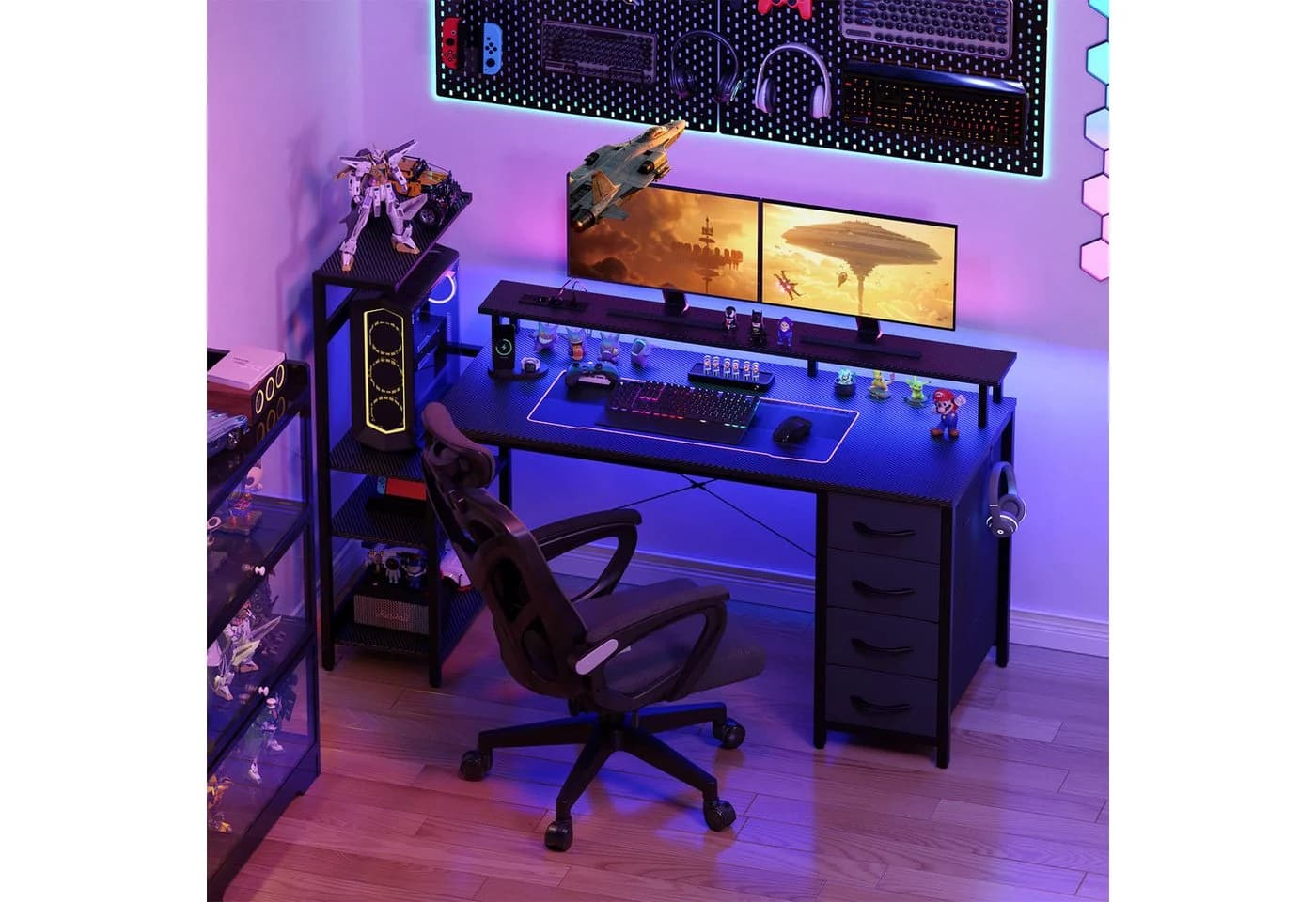 YOUDENOVA Gamingtisch mit LED-Beleuchtung & Steckdose, Carbonfaser - Bild 3