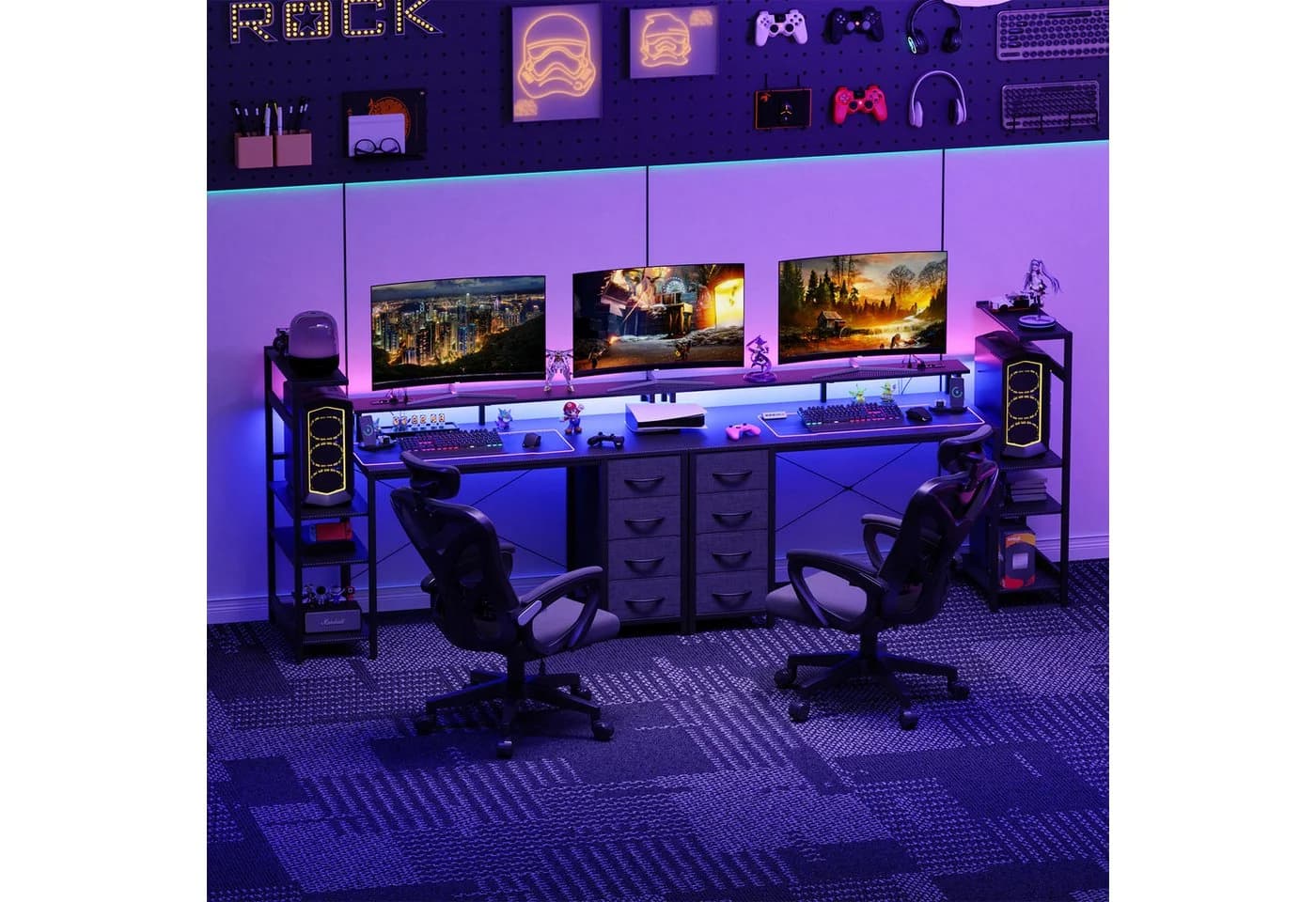 YOUDENOVA Gamingtisch mit LED-Beleuchtung & Steckdose, Carbonfaser - Bild 4