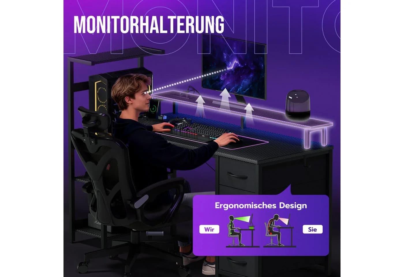 YOUDENOVA Gamingtisch mit LED-Beleuchtung & Steckdose, Carbonfaser - Bild 5