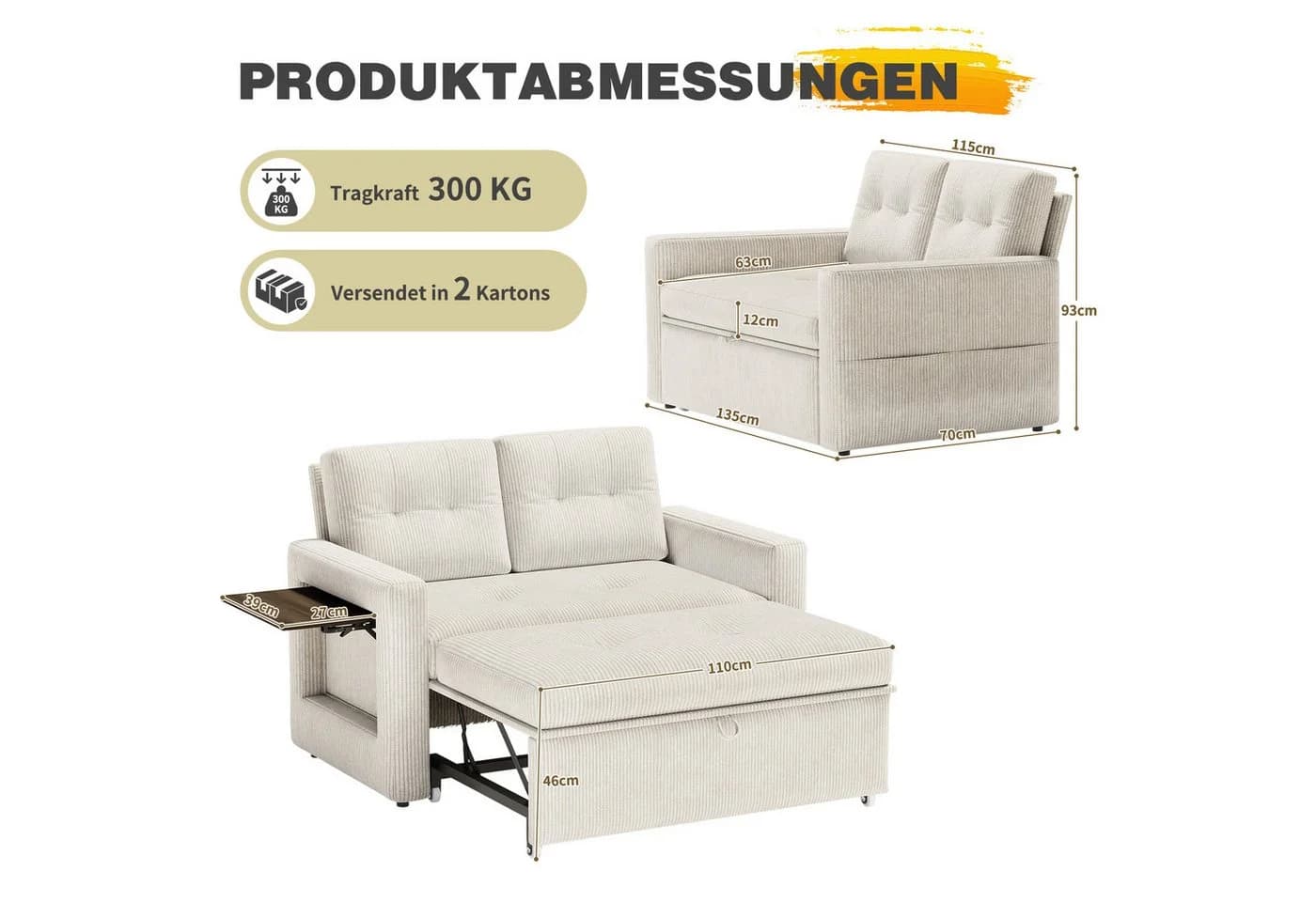 YOUDENOVA 3-in-1 Schlafsofa mit Klapptisch Beige