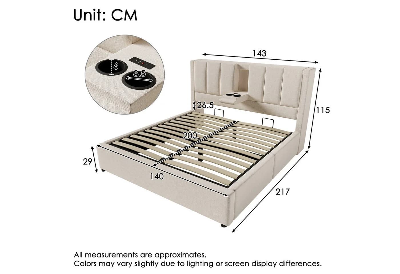 Ulife Polsterbett mit Bettkasten & USB-Ladstation Beige/Grau