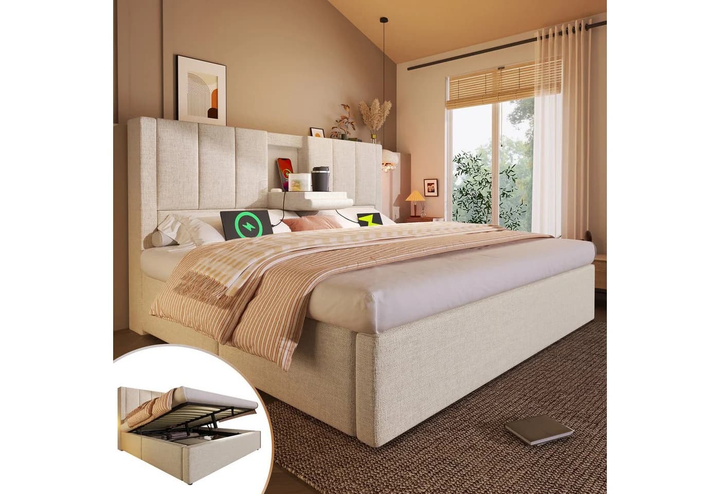 Ulife Polsterbett mit Bettkasten & USB-Ladstation Beige/Grau - Bild 2
