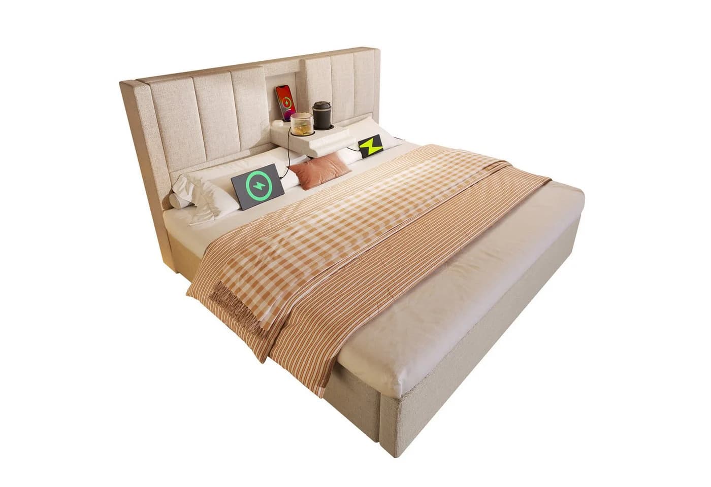 Ulife Polsterbett mit Bettkasten & USB-Ladstation Beige/Grau - Bild 3