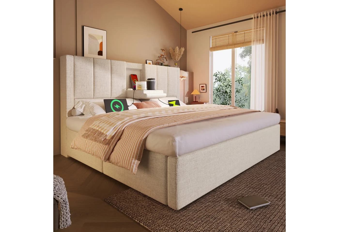 Ulife Polsterbett mit Bettkasten & USB-Ladstation Beige/Grau - Bild 5
